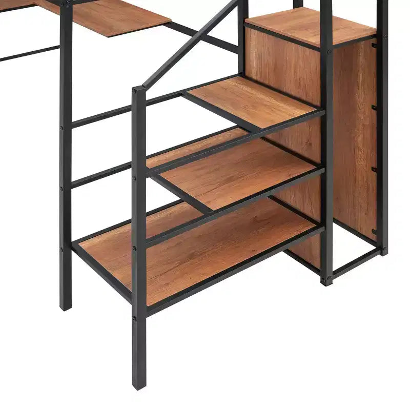 Metall-Hochbett in Twin-/Full-Größe mit Schreibtisch und Metallgitter, stilvolles Metallbettgestell mit seitlicher Stauraumleiter und Kleiderschrank