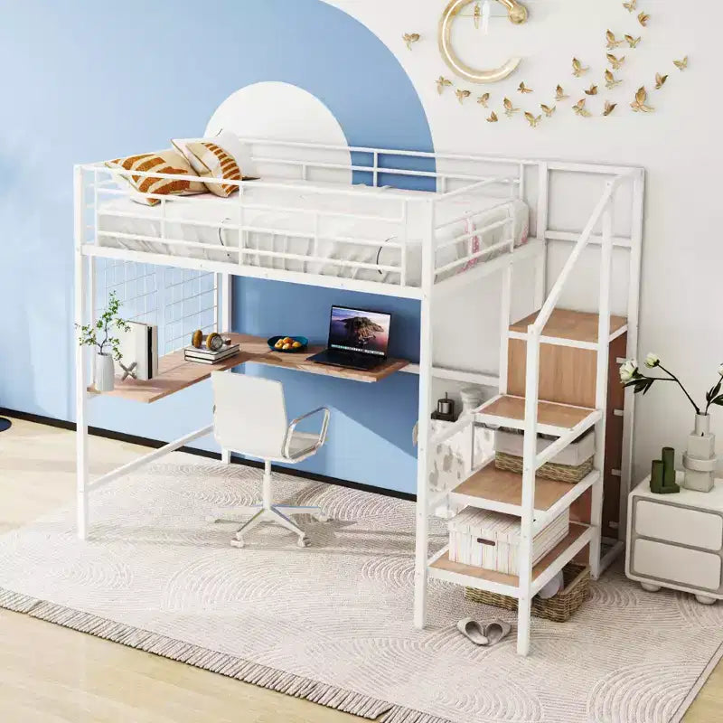 Metall-Hochbett in Twin-/Full-Größe mit Schreibtisch und Metallgitter, stilvolles Metallbettgestell mit seitlicher Stauraumleiter und Kleiderschrank