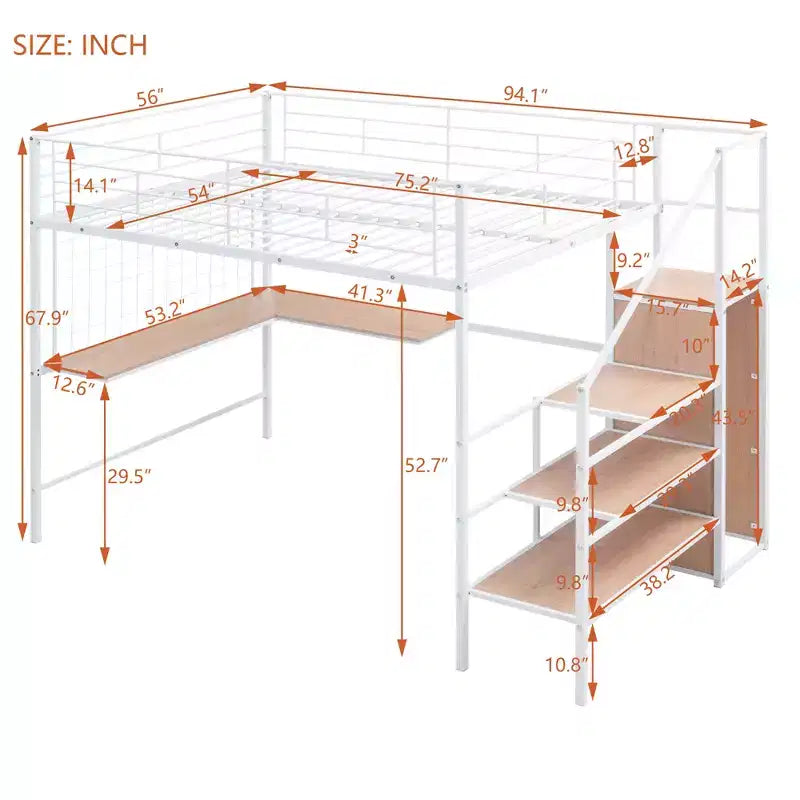Cama alta metálica tamaño individual/matrimonial con escritorio y rejilla metálica, elegante estructura de cama metálica con escalera lateral de almacenamiento y armario