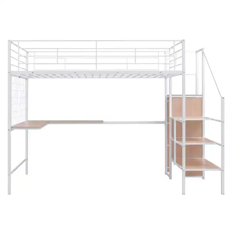 Cama alta metálica tamaño individual/matrimonial con escritorio y rejilla metálica, elegante estructura de cama metálica con escalera lateral de almacenamiento y armario