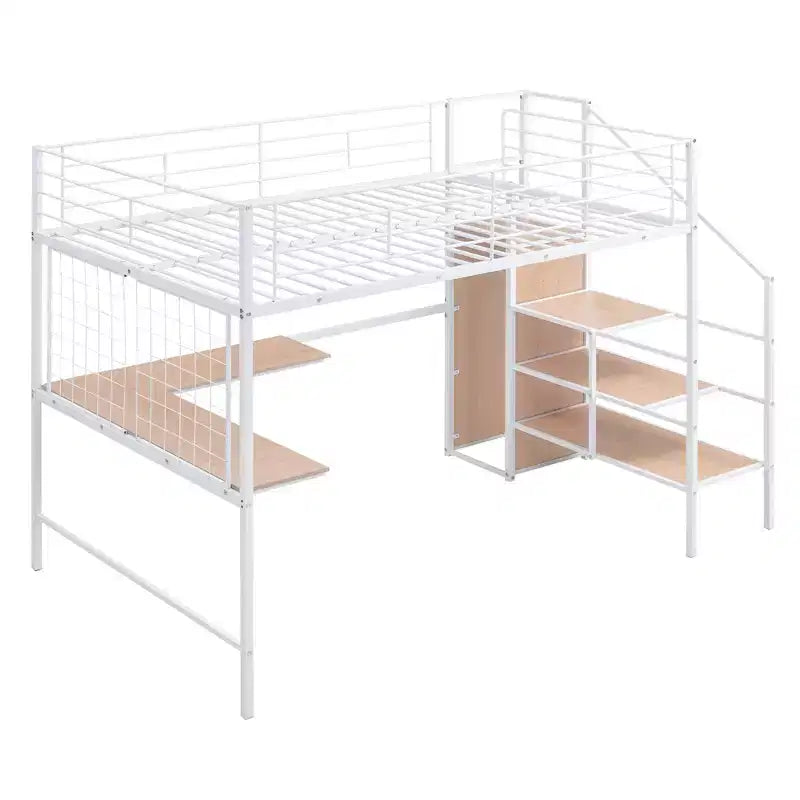 Metall-Hochbett in Twin-/Full-Größe mit Schreibtisch und Metallgitter, stilvolles Metallbettgestell mit seitlicher Stauraumleiter und Kleiderschrank