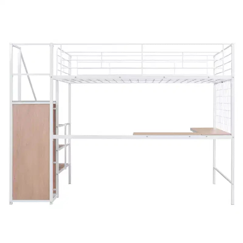 Metall-Hochbett in Twin-/Full-Größe mit Schreibtisch und Metallgitter, stilvolles Metallbettgestell mit seitlicher Stauraumleiter und Kleiderschrank