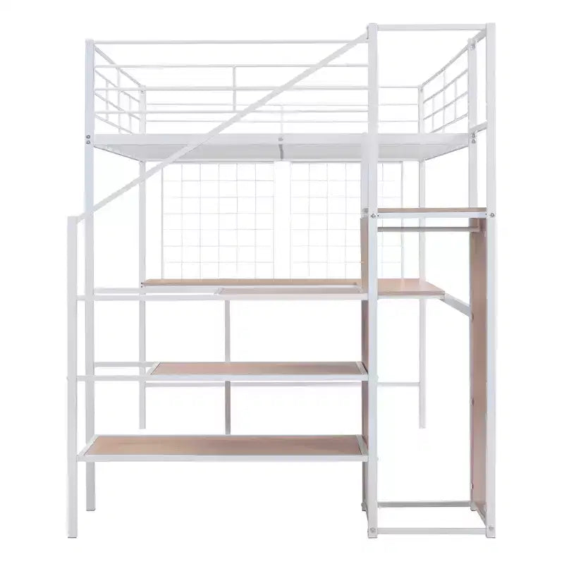Metall-Hochbett in Twin-/Full-Größe mit Schreibtisch und Metallgitter, stilvolles Metallbettgestell mit seitlicher Stauraumleiter und Kleiderschrank