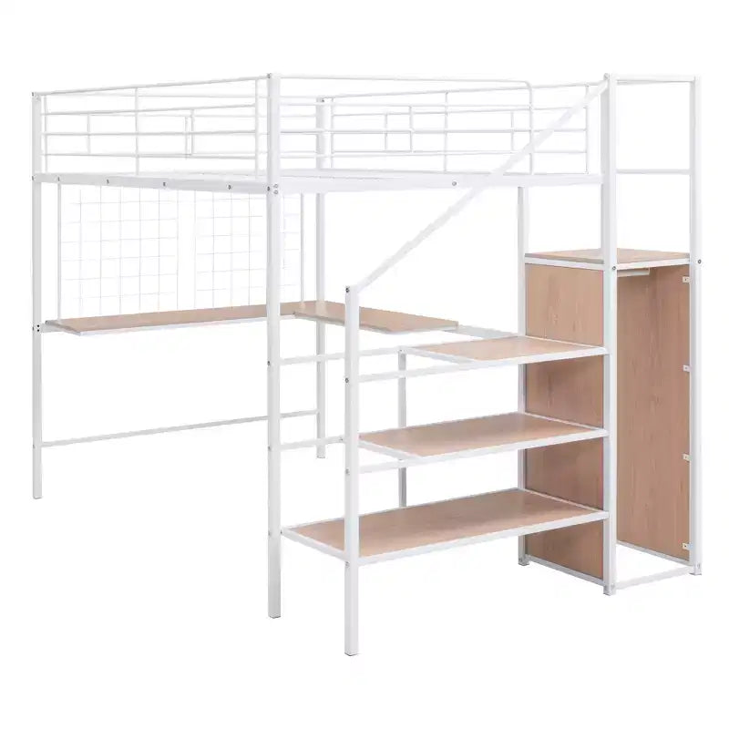 Metall-Hochbett in Twin-/Full-Größe mit Schreibtisch und Metallgitter, stilvolles Metallbettgestell mit seitlicher Stauraumleiter und Kleiderschrank