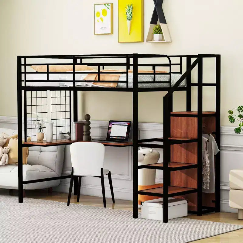 Cama alta metálica tamaño individual/matrimonial con escritorio y rejilla metálica, elegante estructura de cama metálica con escalera lateral de almacenamiento y armario