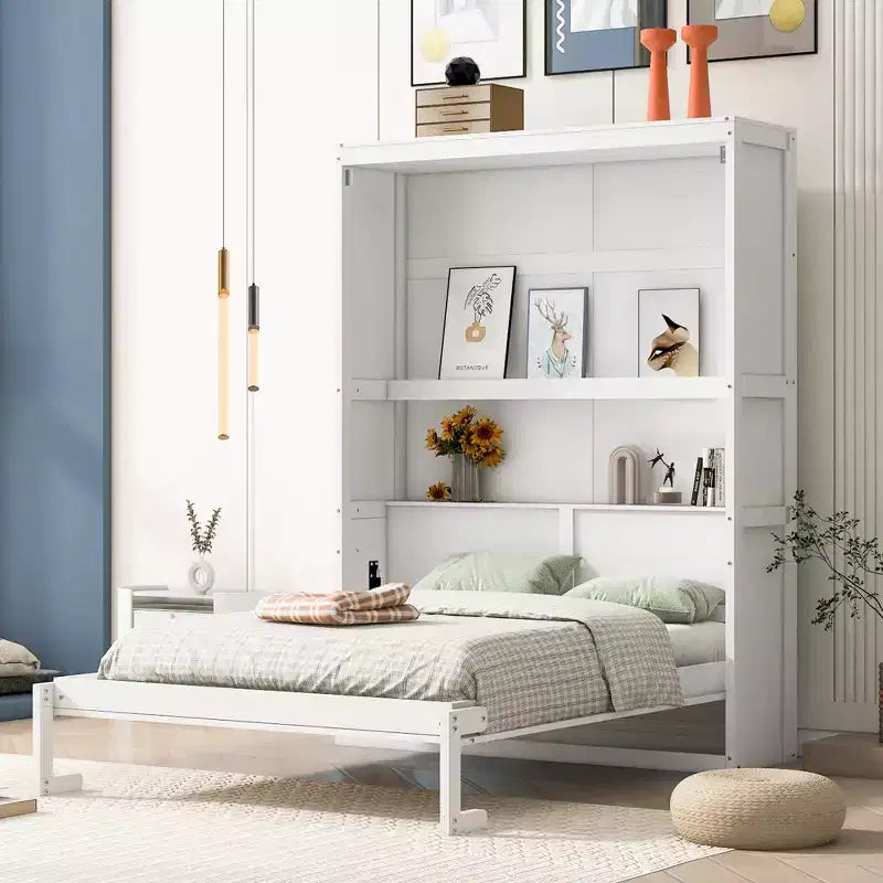 Cama Murphy de diseño moderno, plegable dentro de un gabinete con estantes, calidad superior