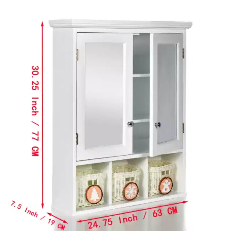 Gabinete de almacenamiento para baño, armario para medicamentos con espejo, 2 puertas, 2 estantes ajustables + 3 cestas de almacenamiento estilo navideño