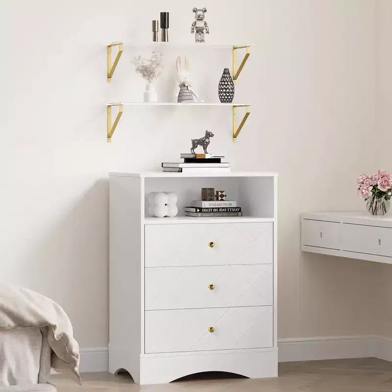 Cómoda con cajones y estantes flotantes, cómoda de 3 cajones con almacenamiento abierto y acabado pintado, para dormitorio, clóset y pasillo
