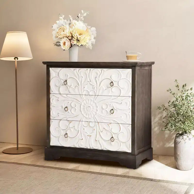 Heynemo Vintage 3 Drawer Dresser, Accent Storage Cabinet with 3 Drawers, Farmhouse Nightstand with Gourd Legs, for Bedroom, Living Room