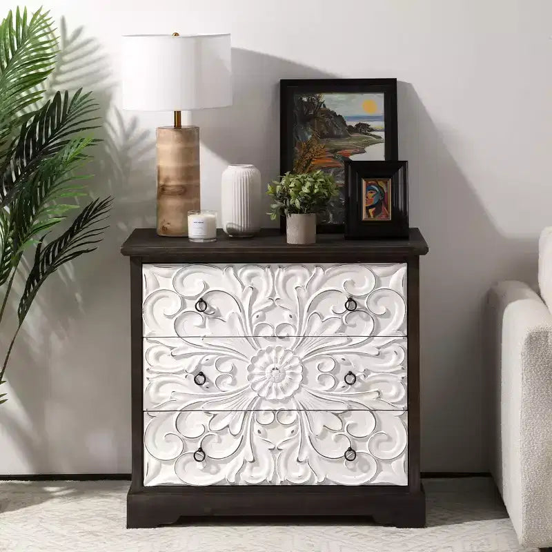 Commode vintage à 3 tiroirs, meuble de rangement d’appoint à 3 tiroirs, table de chevet de style maison de campagne avec pieds galbés, pour la chambre ou le salon