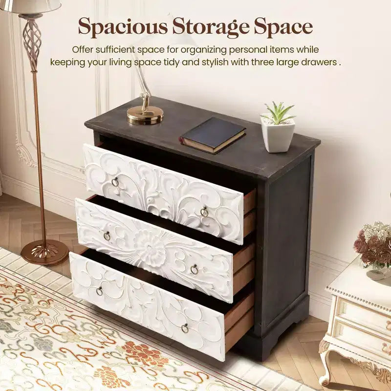 Commode vintage à 3 tiroirs, meuble de rangement d’appoint à 3 tiroirs, table de chevet de style maison de campagne avec pieds galbés, pour la chambre ou le salon
