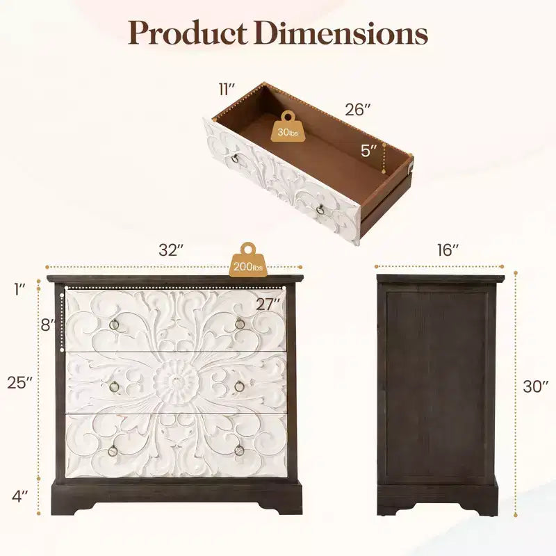 Commode vintage à 3 tiroirs, meuble de rangement d’appoint à 3 tiroirs, table de chevet de style maison de campagne avec pieds galbés, pour la chambre ou le salon