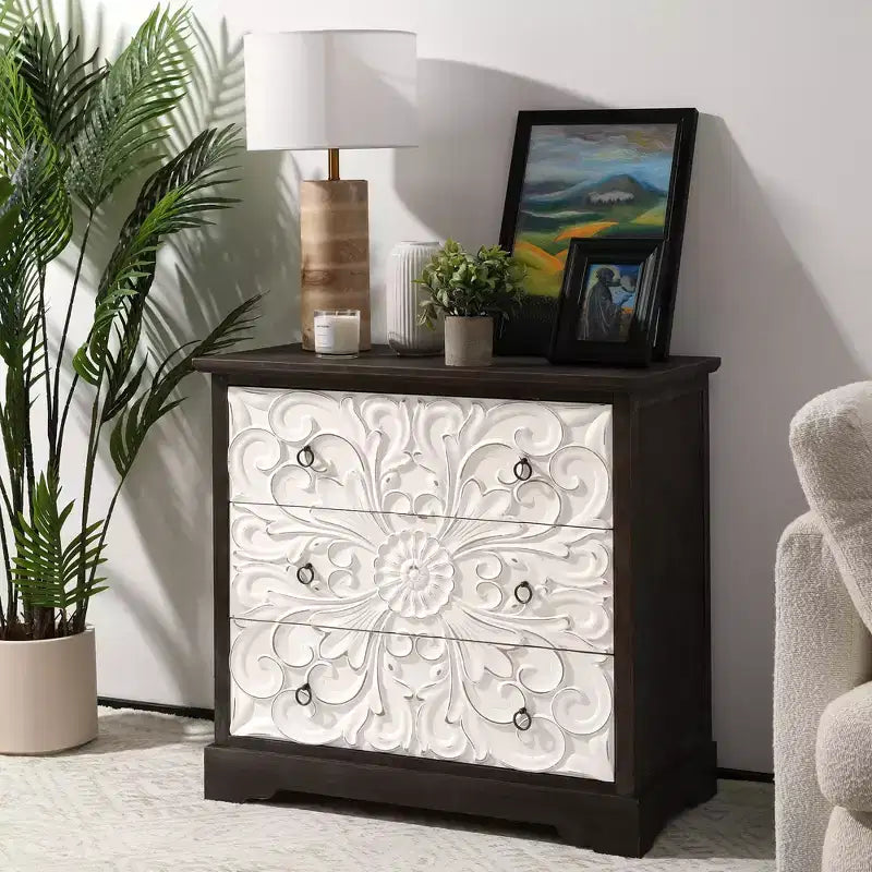 Commode vintage à 3 tiroirs, meuble de rangement d’appoint à 3 tiroirs, table de chevet de style maison de campagne avec pieds galbés, pour la chambre ou le salon