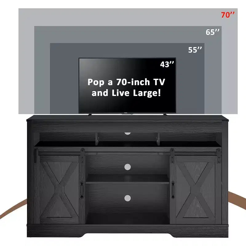 Meuble TV de style campagnard avec porte de grange coulissante pour téléviseurs jusqu'à 65''+, centre de divertissement de 34 de haut pour chambre et salon