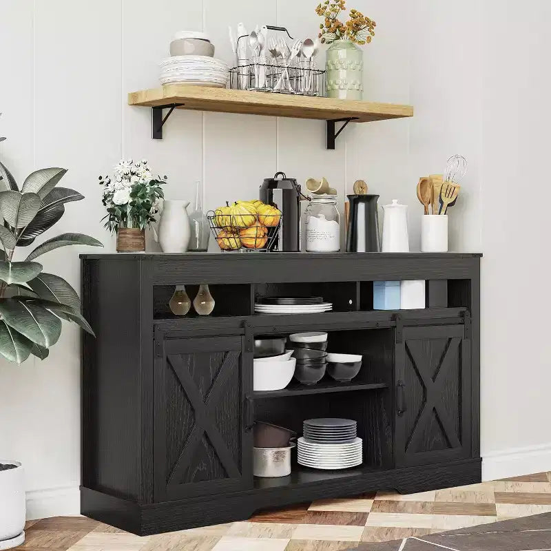 TV-Ständer im Landhausstil mit Schiebetür im Scheunentor-Stil für Fernseher bis zu 65''+, 34 Zoll hoher Entertainment-Schrank für Schlafzimmer und Wohnzimmer
