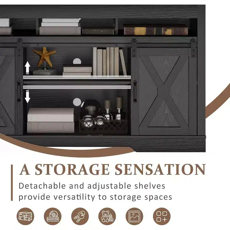 Meuble TV de style campagnard avec porte de grange coulissante pour téléviseurs jusqu'à 65''+, centre de divertissement de 34 de haut pour chambre et salon