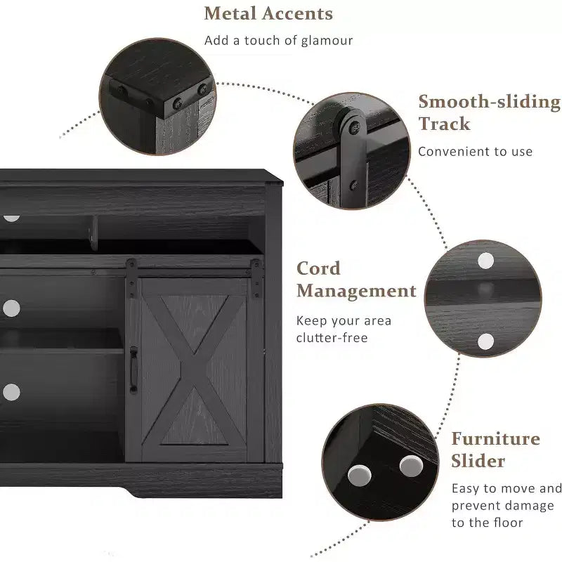 Meuble TV de style campagnard avec porte de grange coulissante pour téléviseurs jusqu'à 65''+, centre de divertissement de 34 de haut pour chambre et salon