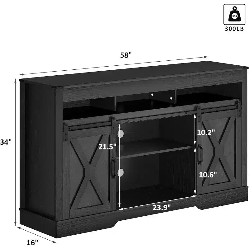 Meuble TV de style campagnard avec porte de grange coulissante pour téléviseurs jusqu'à 65''+, centre de divertissement de 34 de haut pour chambre et salon