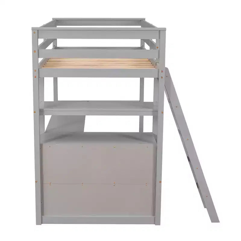 79.5''L*57.1''W Hochbett aus Holz mit Schreibtisch, Regalen und 2 integrierten Schubladen, multifunktionales Design