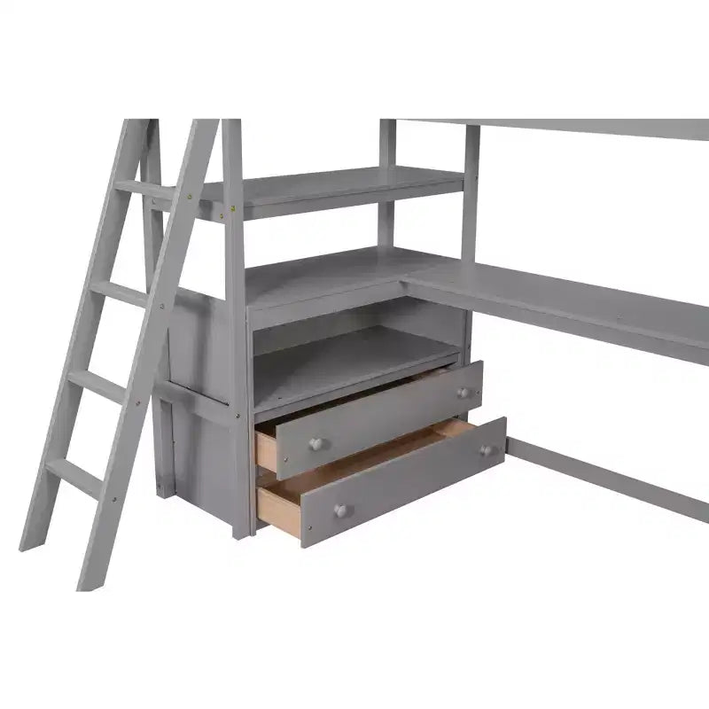 79.5''L*57.1''W Hochbett aus Holz mit Schreibtisch, Regalen und 2 integrierten Schubladen, multifunktionales Design