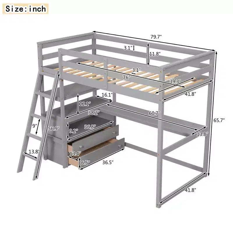 79.5''L*57.1''W Hochbett aus Holz mit Schreibtisch, Regalen und 2 integrierten Schubladen, multifunktionales Design