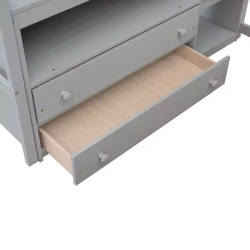 79.5''L*57.1''W Hochbett aus Holz mit Schreibtisch, Regalen und 2 integrierten Schubladen, multifunktionales Design