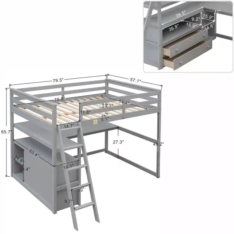 79.5''L*57.1''W Hochbett aus Holz mit Schreibtisch, Regalen und 2 integrierten Schubladen, multifunktionales Design