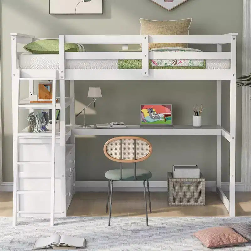 79.5''L*57.1''W Hochbett aus Holz mit Schreibtisch, Regalen und 2 integrierten Schubladen, multifunktionales Design
