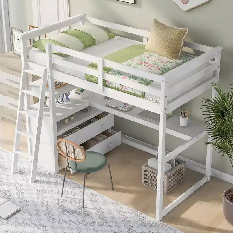 79.5''L*57.1''W Hochbett aus Holz mit Schreibtisch, Regalen und 2 integrierten Schubladen, multifunktionales Design