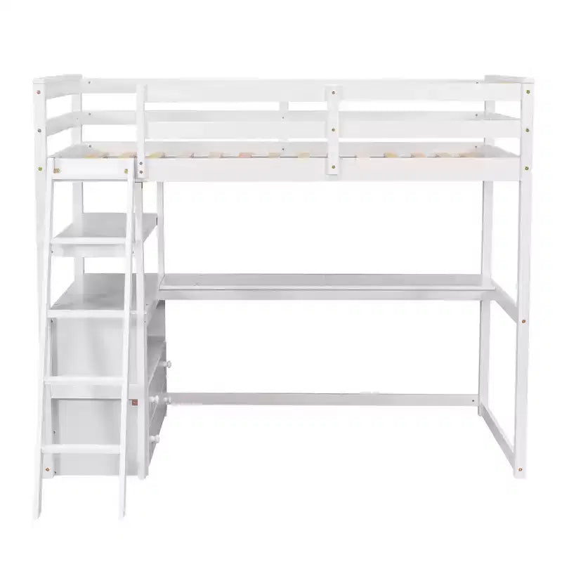 79.5''L*57.1''W Hochbett aus Holz mit Schreibtisch, Regalen und 2 integrierten Schubladen, multifunktionales Design