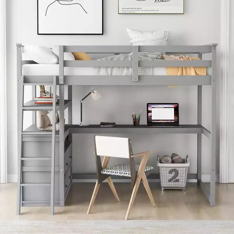 Cama alta de madera de 79.5''L*57.1''W con escritorio, estantes y dos cajones integrados, diseño multifuncional