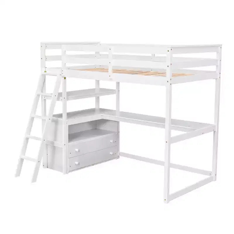 79.5''L*57.1''W Hochbett aus Holz mit Schreibtisch, Regalen und 2 integrierten Schubladen, multifunktionales Design