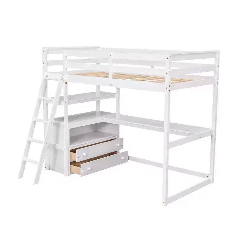 79.5''L*57.1''W Hochbett aus Holz mit Schreibtisch, Regalen und 2 integrierten Schubladen, multifunktionales Design