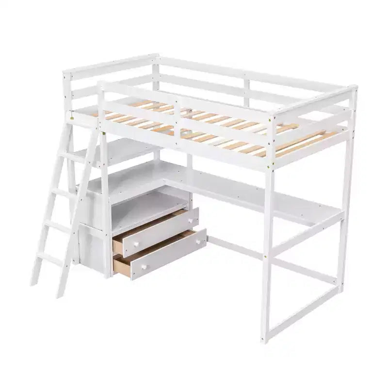 79.5''L*57.1''W Hochbett aus Holz mit Schreibtisch, Regalen und 2 integrierten Schubladen, multifunktionales Design