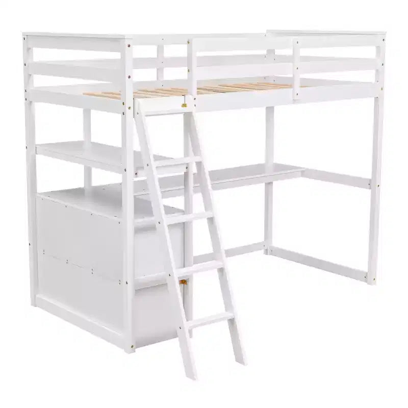 79.5''L*57.1''W Hochbett aus Holz mit Schreibtisch, Regalen und 2 integrierten Schubladen, multifunktionales Design