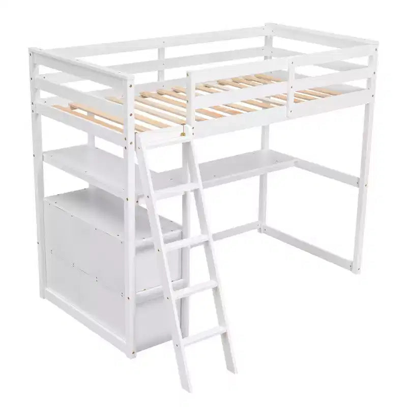79.5''L*57.1''W Hochbett aus Holz mit Schreibtisch, Regalen und 2 integrierten Schubladen, multifunktionales Design