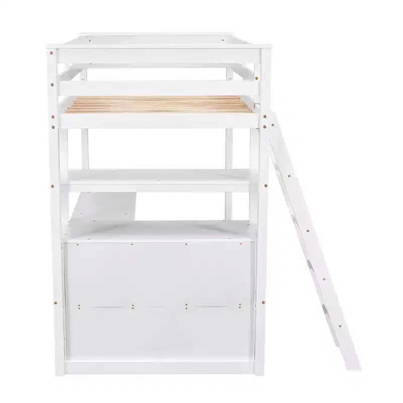 79.5''L*57.1''W Hochbett aus Holz mit Schreibtisch, Regalen und 2 integrierten Schubladen, multifunktionales Design