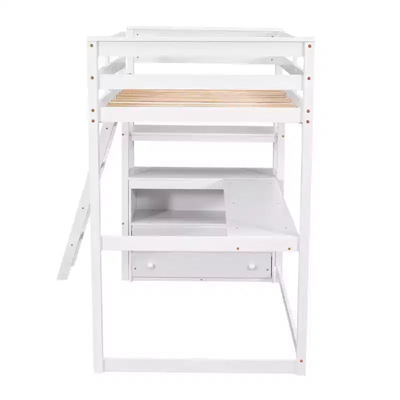 79.5''L*57.1''W Hochbett aus Holz mit Schreibtisch, Regalen und 2 integrierten Schubladen, multifunktionales Design