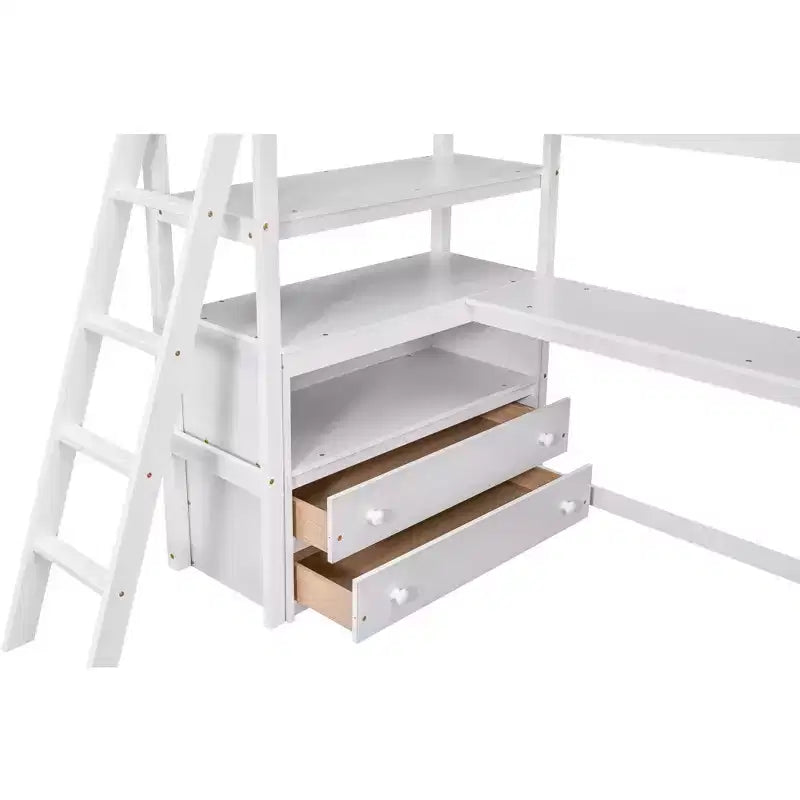 79.5''L*57.1''W Hochbett aus Holz mit Schreibtisch, Regalen und 2 integrierten Schubladen, multifunktionales Design