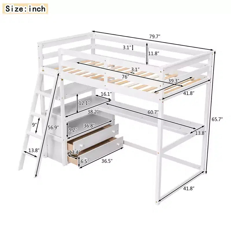 79.5''L*57.1''W Hochbett aus Holz mit Schreibtisch, Regalen und 2 integrierten Schubladen, multifunktionales Design
