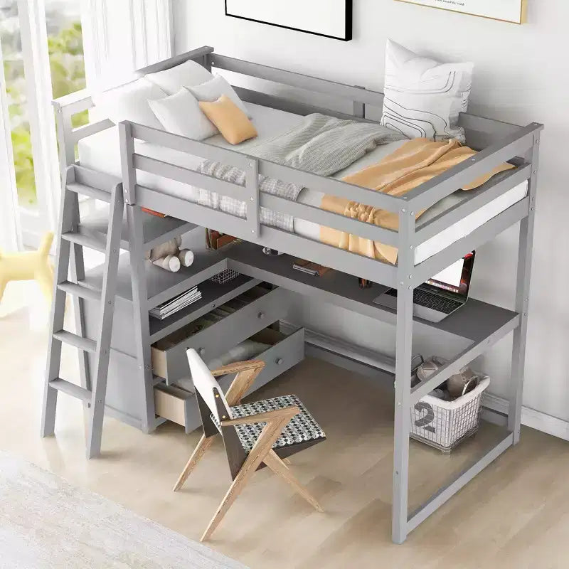 Cama alta de madera de 79.5''L*57.1''W con escritorio, estantes y dos cajones integrados, diseño multifuncional