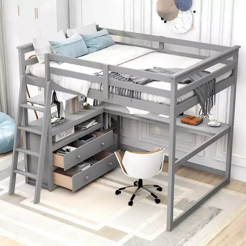 79.5''L*57.1''W Hochbett aus Holz mit Schreibtisch, Regalen und 2 integrierten Schubladen, multifunktionales Design