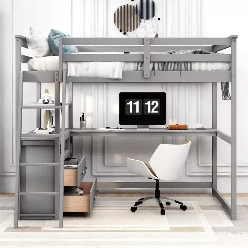 79.5''L*57.1''W Hochbett aus Holz mit Schreibtisch, Regalen und 2 integrierten Schubladen, multifunktionales Design