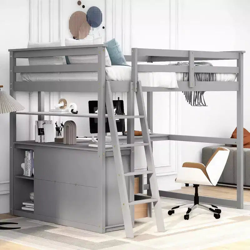 79.5''L*57.1''W Hochbett aus Holz mit Schreibtisch, Regalen und 2 integrierten Schubladen, multifunktionales Design