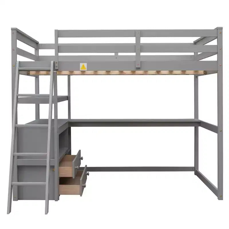 79.5''L*57.1''W Hochbett aus Holz mit Schreibtisch, Regalen und 2 integrierten Schubladen, multifunktionales Design