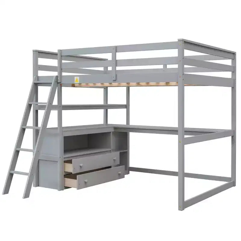 79.5''L*57.1''W Hochbett aus Holz mit Schreibtisch, Regalen und 2 integrierten Schubladen, multifunktionales Design