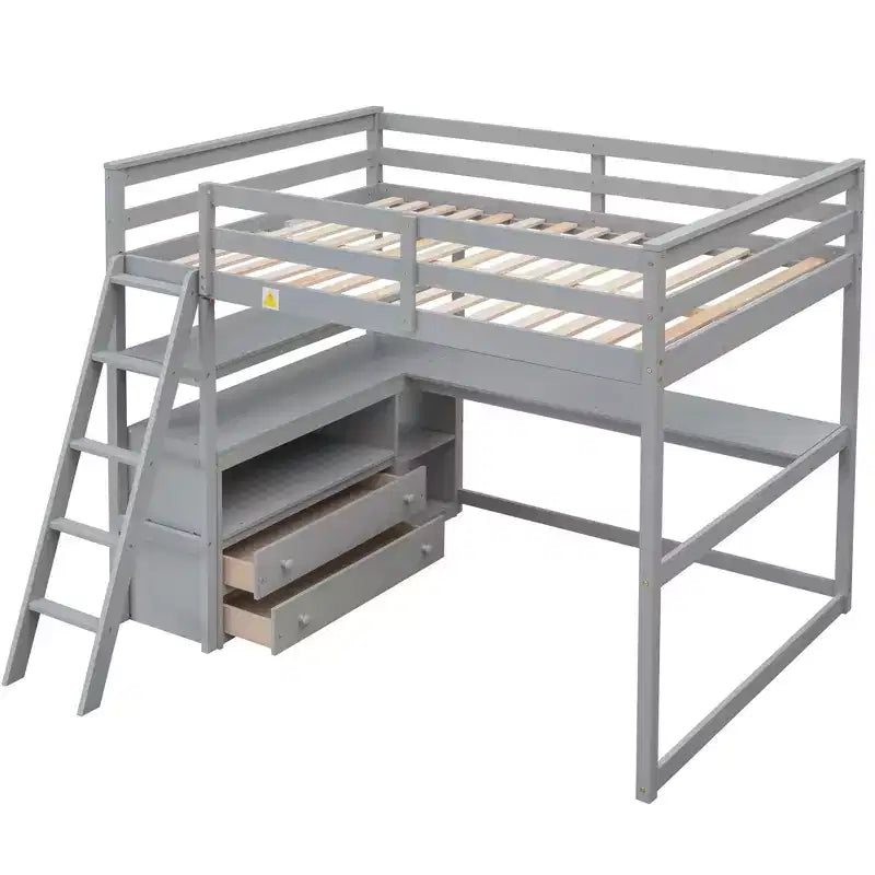 79.5''L*57.1''W Hochbett aus Holz mit Schreibtisch, Regalen und 2 integrierten Schubladen, multifunktionales Design