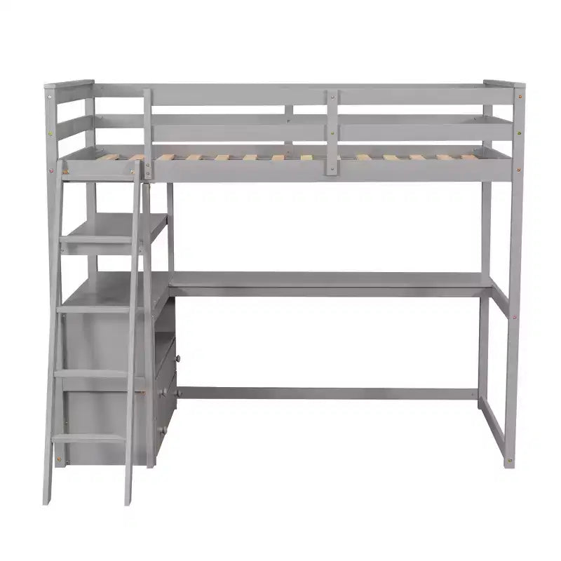 79.5''L*57.1''W Hochbett aus Holz mit Schreibtisch, Regalen und 2 integrierten Schubladen, multifunktionales Design