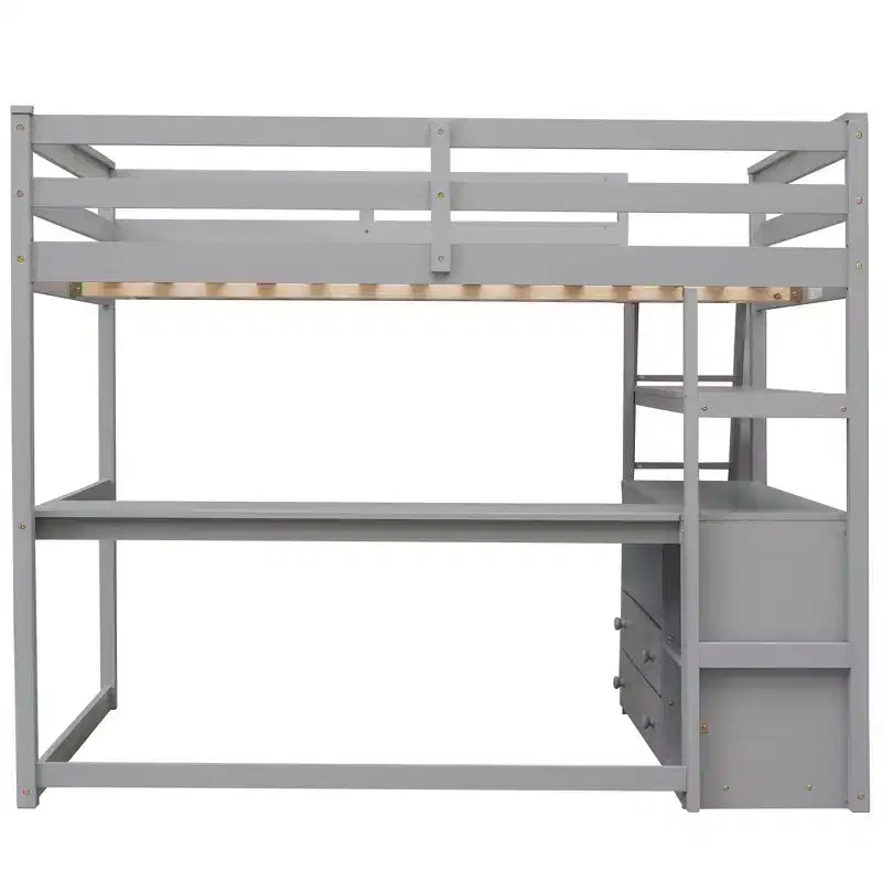 79.5''L*57.1''W Hochbett aus Holz mit Schreibtisch, Regalen und 2 integrierten Schubladen, multifunktionales Design