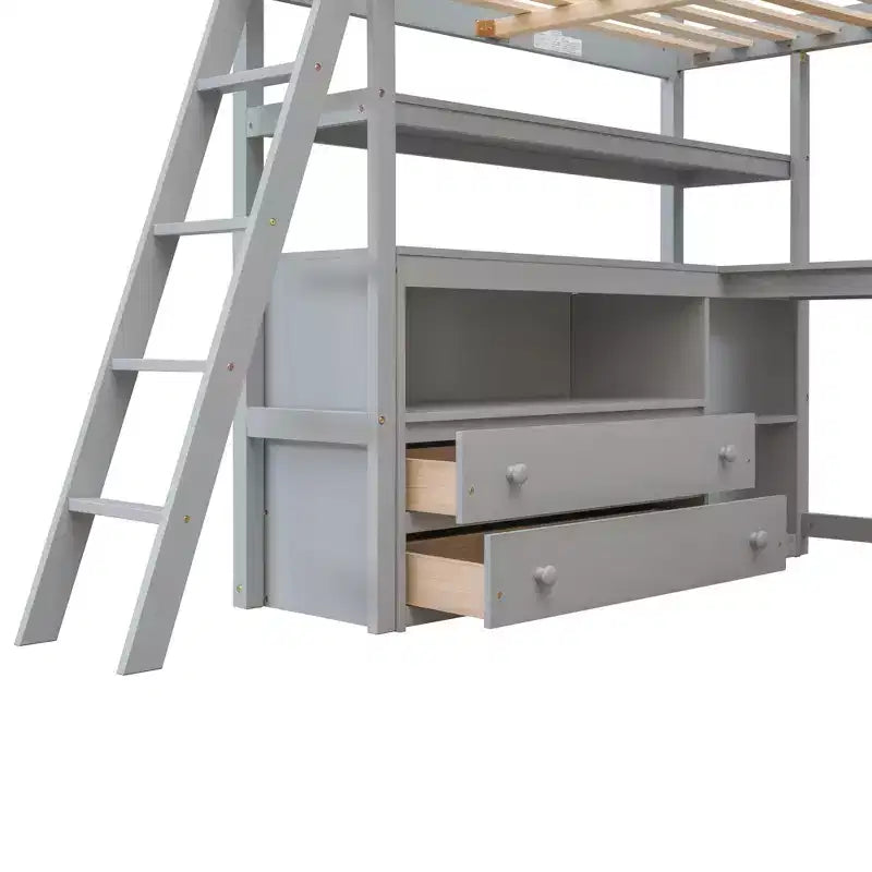 79.5''L*57.1''W Hochbett aus Holz mit Schreibtisch, Regalen und 2 integrierten Schubladen, multifunktionales Design